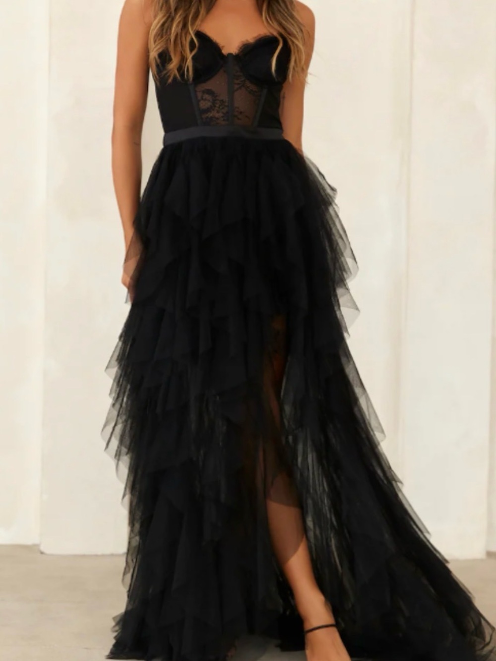 BCBG Black Ruffled Tulle Evening Gown